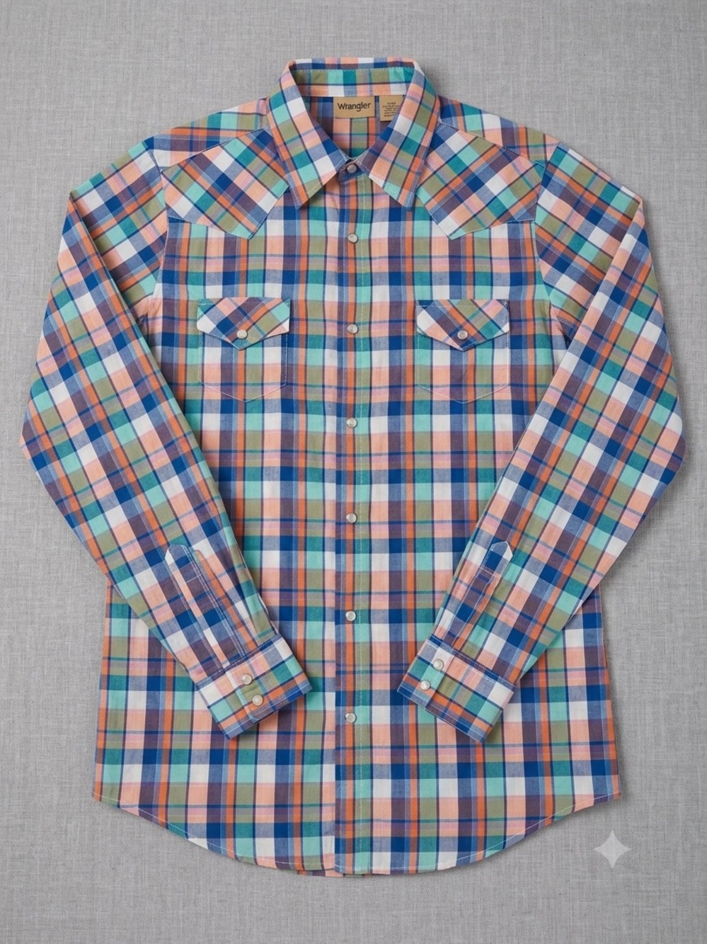 Wrangler women’s Blue, Orange, Green Plaid Button-Down Shirt
